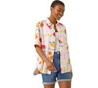 Roman Shirt for Women Ladies Cotton Blouse Button Through Tunic Printed Top Work Long Sleeve Smart Casual Going Out Work Office V Neck Everyday Evening Event - Light Pink Fruit - Size 14