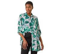Roman Shirt for Women Ladies Cotton Blouse Button Through Tunic Printed Top Work Long Sleeve Smart Casual Going Out Work Office V Neck Everyday Evening Event - Green & Ivory - Size 12