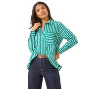 Roman Shirt for Women Ladies Cotton Blouse Button Through Tunic Printed Top Work Long Sleeve Smart Casual Going Out Work Office V Neck Everyday Evening Event - Green Stripe - Size 14