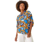 Roman Shirt for Women Ladies Cotton Blouse Button Through Tunic Printed Top Work Long Sleeve Smart Casual Going Out Work Office V Neck Everyday Evening Event - Orange Floral - Size 14