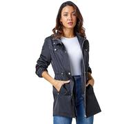 Roman Shower Resistant Longline Jacket for Women UK - Ladies Spring Everyday Summer Holiday Patch Pockets Comfy Long Sleeve Soft Zip Up Rain Coats - Black - Size 18