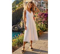 Roman Women Textured Stripe Button Detail Midi Dress - Ladies Spring Everyday Summer Holiday Sleeveless Soft V-Neckline Comfy Empire Detail Frock Vacation Gowns - White - Size 16