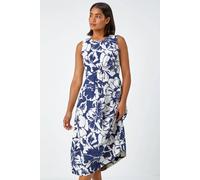 Roman Originals Sleeveless Cotton Blend Floral Midi Dress for Women UK - Ladies Everyday Holiday Spring Summer Round Neckline Comfy Soft Evening Vacation Work Party - Navy - Size 10