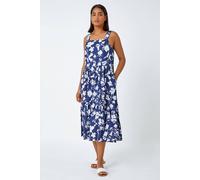 Roman Originals Sleeveless Cotton Floral Midi Dress for Women UK - Ladies Everyday Holiday Spring Summer Square Neckline Comfy Soft Evening Vacation Work Party - Navy - Size 10