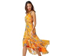 Roman Originals Women Halter Neck Frill Midi Dress - Ladies Special Occasion Evening Party Wedding Guest Print Ruffle Detail Sleeveless Round Neck Dresses - Warm Yellow - Size 18