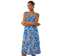 Roman Sleeveless Paisley Print Stretch Dress for Women UK - Ladies Spring Everyday Summer Holiday V-Neckline Comfy Sleeveless Soft Knee Length Frock Vacation Gowns - Leaf Blue - Size 12