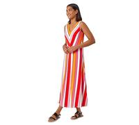 Roman Sleeveless Stripe Print Midi Stretch Dress for Women UK - Ladies Spring Everyday Summer Holiday V-Neckline Comfy Sleeveless Soft Fit & Flare Frock Vacation Beach Gowns - Red - Size 10