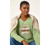 Roman Originals V-Neck Heart Detail Knit Jumper for Women UK - Ladies Everyday Autumn Winter Round Neckline Comfy Soft Evening Vacation Work Party Night Out - Pale Green - Size 12