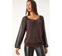 Roman Chiffon Sleeve Bubble Hem Stretch Top for Women UK - Ladies Autumn Everyday Winter Holiday V-Neckline Comfy Long Sleeve Soft Elasticated Cuff Tee Desk to Dinner Shirts - Black Bronze - Size 20