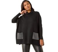Roman Sparkle Pocket Poncho Jumper for Women UK Ladies Autumn Everyday Winter Holiday Roll Neckline Comfy Long Sleeve Soft Hotfix Detail Knit Top Relaxed Fit - Black - Size S-M