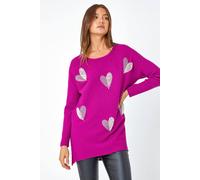 Roman Originals Shimmer Heart Knit Jumper for Women UK - Ladies Everyday Autumn Winter Round Neckline Comfy Soft Evening Vacation Work Party Night Out - Magenta - Size 12