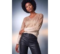 Roman Sparkly Jumper for Women UK - Ladies Sweater Smart Casual Lightweight V Neck Knitwear Knitted Knit Top Winter Office Work Shiny Glitter Party Going Out Sequin - Sparkly Ombre Beige - Size 14