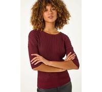 Roman Shimmer Ribbed Batwing Knit Jumper for Women UK - Ladies Autumn Everyday Winter Holiday Slash Neckline Comfy 3/4 Sleeve Soft Metallic Fabric Top Office Desk Sweaters - Wine - Size 20