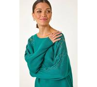 Roman Originals Hotfix Embellished Sleeve Knit Jumper for Women UK - Ladies Everyday Autumn Winter Shaped Neckline Comfy Soft Evening Vacation Work Party Night Out - Jade - Size 12