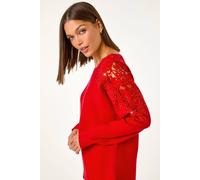 Roman Originals Diamante Sleeve Knit Jumper for Women UK - Ladies Everyday Autumn Winter Shaped Neckline Comfy Soft Evening Vacation Work Party Night Out - Red - Size L