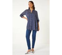 Roman Originals Shirt for Women Ladies Cotton Blouse Button Through Tunic Printed Top Work Long Sleeve Smart Casual Going Out Work Office V Neck Everyday Evening Event - Navy White - Size 12