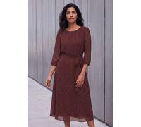 Roman Spot Print Chiffon Pleated Midi Dress for Women UK Ladies Spring Everyday Summer Holiday Round Neckline Comfy 3/4 Sleeve Soft Fit & Flare Frock Dinner Date - Spot Plum - Size 14