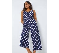 Roman Originals Spot Print Belted Jumpsuit for Women UK - Ladies Everyday Holiday Spring Summer Round Neckline Comfy Soft Evening Vacation Work Party - Navy - Size 10