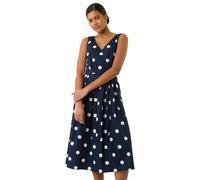 Roman Originals Spot Print Belted Midi Dress for Women UK - Ladies Everyday Holiday Spring Summer V-Neckline Comfy Soft Evening Vacation Work Party - Navy - Size 10