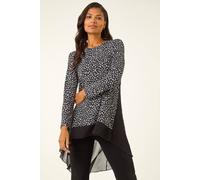 Roman Women's Spot Print Chiffon Hem Stretch Top in Black | Size: 12 Roman Black 12