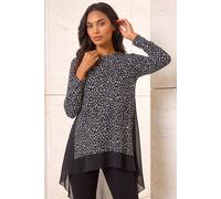 Roman Chiffon Dipped Hem Top Asymmetric Tunic for Women UK Ladies Stretchy Jersey Flared Blouse Smart Fit & Flare Form Casual Loose Longline Party Hanky Tunics - Onyx Ivory - Size 14