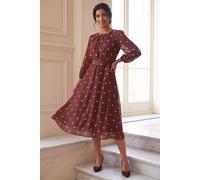 Roman Spot Print Chiffon Pleated Midi Dress for Women UK Ladies Spring Everyday Summer Holiday Round Neckline Comfy 3/4 Sleeve Soft Fit & Flare Frock Dinner Date - Polka Dot Chocolate - Size 12