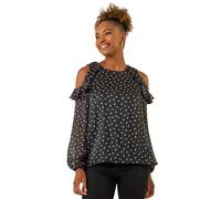 Roman Spot Print Frill Cold Shoulder Top In Black Black 16