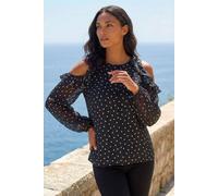 Roman Originals Spot Print Frill Cold Shoulder Top for Women UK - Ladies Everyday Holiday Spring Summer Round Neckline Comfy Soft Evening Vacation Work Party - Black - Size 12