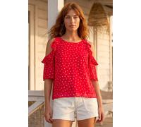 Roman Originals Women Ruffle Cold Shoulder Top - Ladies Everyday Spring Summer Smart Casual Feminine Floaty Flower Printed Frill Trim Tops - Red - Size 12