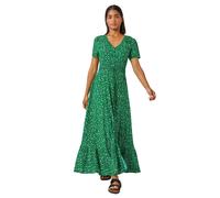 Roman Originals Shirred Empire Waist Dress for Women UK Ladies Midi Maxi Summer Spring Tiered Frill Hem Short Sleeve V Neck Button Through Boho Bohemian Holiday Cruise - Dark Green White - Size 10