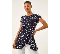 Roman Originals Hanky Hem Tunic Top for Women UK - Ladies Longline Blouse Asymmetric Hemline Short Sleeves Casual Slouch Loose Summer Spring Relaxed Comfortable - Spot Navy - Size 12