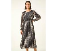 Roman Spot Print Shirred Midi Dress In Black Black 14