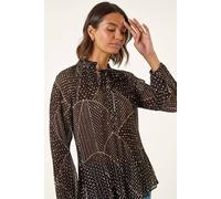 Roman Spot Print Tie Neck Pleated Top In Black Black