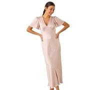 Roman Originals Satin Spot Print Midi Dress for Women UK - Ladies Everyday Holiday Spring Summer V-Neckline Comfy Soft Evening Vacation Work Party - Natural - Size 14