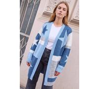 Roman Women's Star Print Longline Stretch Cardigan Sweater in Blue | Size: 20