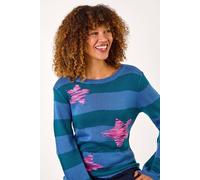 Roman Originals Women Stripe Print Jumper Ladies Winter Autumn Knit Knitted Sweater Embroidered Knitwear Casual Smart Round Crew Neck Pull Over Everyday Going Out Party - Petrol Blue - Size 14