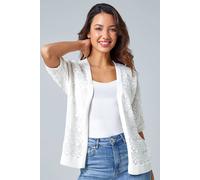 Roman Stitch Detail Knit Cardigan for Women UK Ladies Spring Everyday Summer Holiday Short Sleeve Soft Pointelle Fabric Comfy Edge to Edge Daywear Lightweight - Ivory - Size 14