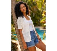 Roman Stitch Detail Knit Cardigan for Women UK - Ladies Spring Everyday Summer Holiday Short Sleeve Soft Pointelle Fabric Comfy Edge to Edge Daywear Lightweight Cardigan - Ivory - Size 18