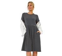 Roman Stretch Dress with Pockets for Women UK - Ladies Jersey Gathered Waist Spring Summer Knee Length Smart Casual Work Cocktail Party Going Out Fit & Flare Dinner - Petite Stripe Navy - Size 18