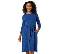 Roman Stretch Dress with Pockets for Women UK - Ladies Jersey Gathered Waist Spring Summer Knee Length Smart Casual Work Cocktail Party Going Out Fit & Flare Dinner - Petite Royal Blue - Size 18