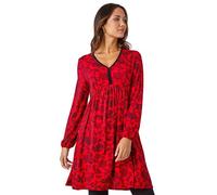 Roman Stretch Jersey Dress for Women UK - Ladies Gathered Waist A Line Swing Skater Fit & Flare A Line Winter Autumn Knee Length V-Neck Casual Smart Cocktail Party Going Out - Red - Size 18