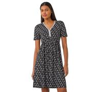 Roman Stretch Jersey Dress for Women UK - Ladies Gathered Waist A Line Swing Skater Fit & Flare A Line Winter Autumn Knee Length V-Neck Casual Smart Cocktail Party Going Out - Noir Ivory - Size 14