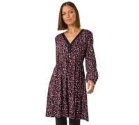 Roman Stretch Jersey Dress for Women UK - Ladies Gathered Waist A Line Swing Skater Fit & Flare A Line Winter Autumn Knee Length V-Neck Casual Smart Cocktail Party Going Out - Floral Wine - Size 10