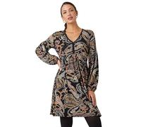 Roman Stretch Jersey Dress for Women UK - Ladies Gathered Waist A Line Swing Skater Fit & Flare A Line Winter Autumn Knee Length V-Neck Casual Smart Cocktail Party Going Out - Black Yellow - Size 12