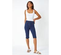 Roman Originals Knee Length Jeggings for Women Ladies Stretch Denim Shorts Jeans Cropped Trouser Capri Pants Summer Cotton Legging Pedal Pusher Legged Crop Spring Cutoff Work - Indigo - Size 10