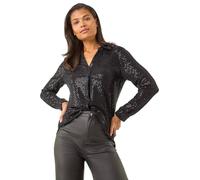 Roman Stretch Sequin V-Neck Shirt for Women UK - Ladies Everyday Holiday Autumn Winter Pull-On Shirt Collar Long Sleeves Comfy Soft Evening Vacation Work Party - Black - Size 16