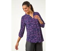 Roman Originals Shirt Top for Women UK Ladies Collarless Blouse Smart Tunic Button Through Longline Asymmetric Hem 3/4 Length Roll Up Sleeves V Neck Going Out - Purple Multi - Size 12