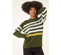Roman Women Stripe Print Jumper Ladies Winter Autumn Knit Knitted Sweater Embroidered Knitwear Casual Smart Round Crew Neck Pull Over Everyday Going Out Party - Rust Ivory - Size 16