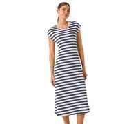 Roman Stripe Crochet Midi Dress for Women UK - Ladies Spring Everyday Summer Holiday Round Neckline Comfy Short Sleeve Soft A-Line Frock Office Business Gowns - Navy - Size 12