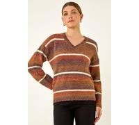 Roman Women's Stripe Fluffy Knit Jumper in Brown | Size: 14 Roman Brown 14